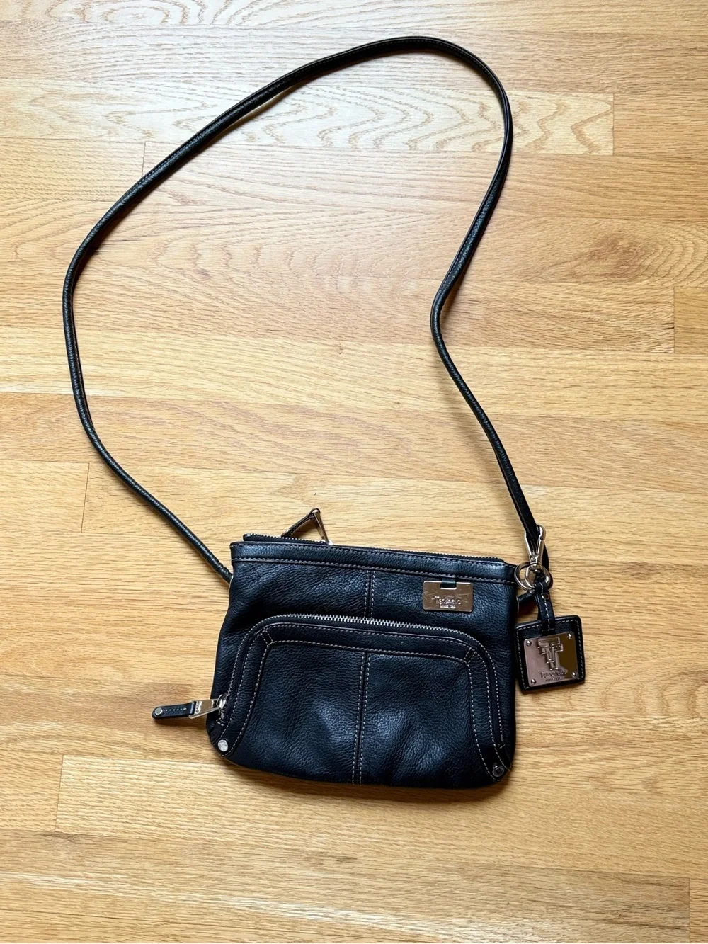 Tignanello Black Leather Crossbody with Front Zip Pocket